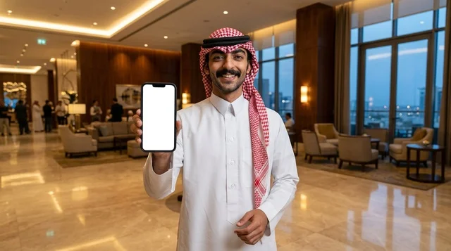 رجل سعودي يمسك هاتف بشاشة فارغة في ردهة فندق فاخر