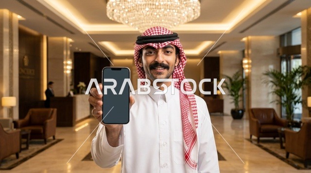 رجل سعودي يحمل هاتفاً ذكياً داخل ردهة فندق فاخر