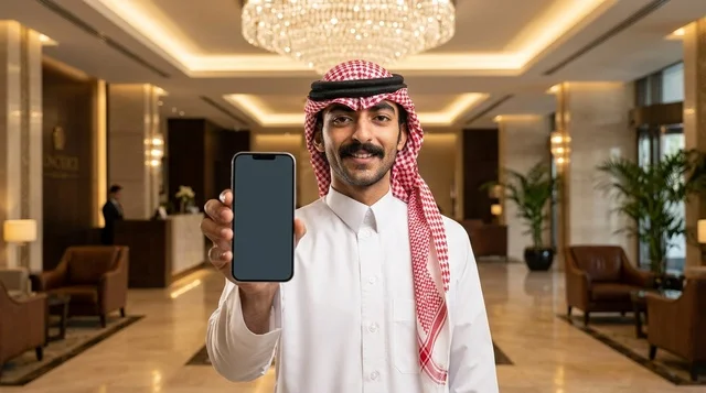 رجل سعودي يحمل هاتفاً ذكياً داخل ردهة فندق فاخر