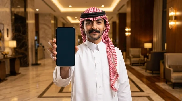 رجل عربي في ردهة فندق يحمل هاتفاً ذكياً بشاشة فارغة