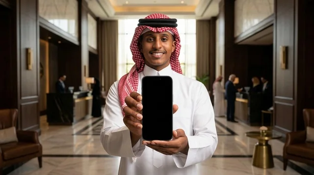 Saudi Man Holding Blank Smartphone in Luxury Hotel Lobby