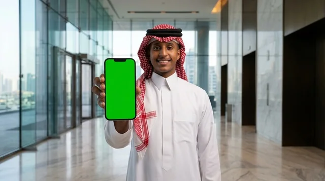 رجل أعمال سعودي يحمل هاتف بشاشة خضراء في ردهة مكتبية