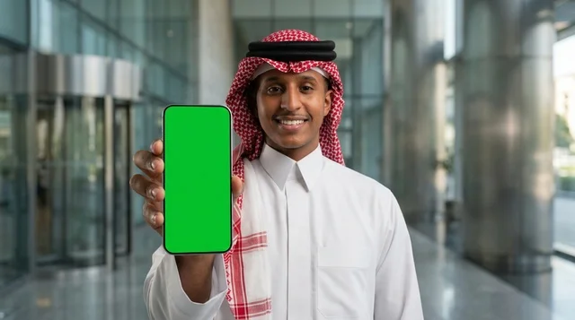 Saudi Businessman Holding Green Screen Phone in Office