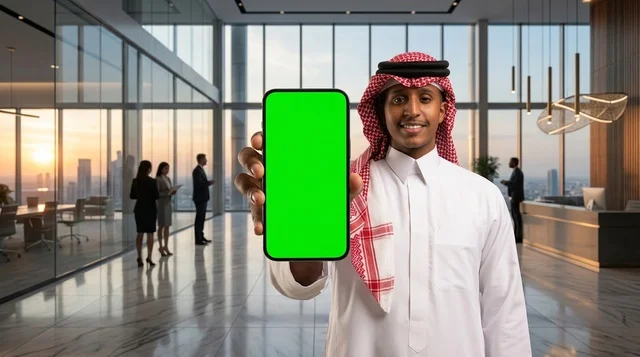 Saudi Businessman Holding Phone with Green Screen in Office