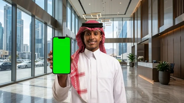 Saudi Man in Office Holding Green Screen Phone