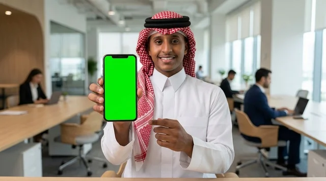 رجل أعمال سعودي يعرض هاتف بشاشة خضراء في المكتب