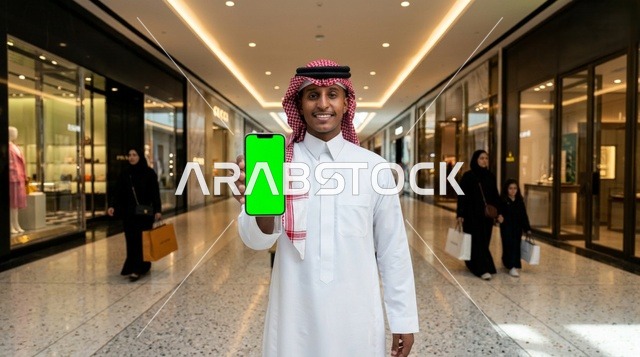 رجل سعودي يحمل هاتفاً ذكياً بشاشة خضراء في مركز تسوق