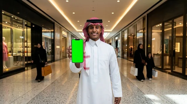 رجل سعودي يحمل هاتفاً ذكياً بشاشة خضراء في مركز تسوق