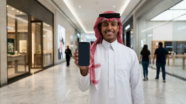 Saudi Man Holding Blank Smartphone in Shopping Mall
