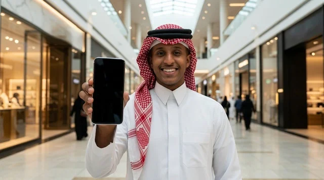 رجل سعودي يمسك هاتف ذكي بشاشة فارغة في مول تجاري