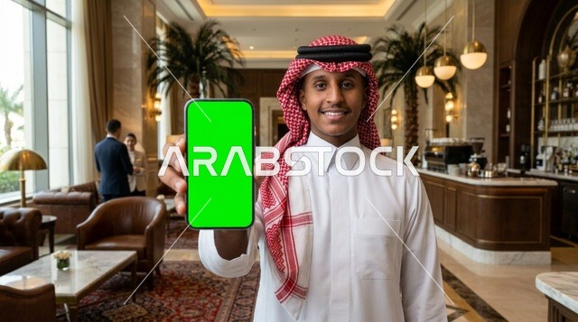 رجل سعودي يمسك هاتفاً ذكياً بشاشة خضراء في فندق فاخر