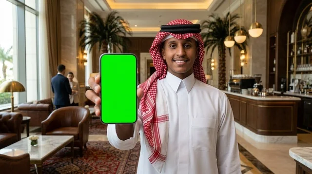 رجل سعودي يمسك هاتفاً ذكياً بشاشة خضراء في فندق فاخر رجل سعودي يمسك هاتفاً ذكياً بشاشة خضراء في فندق فاخر