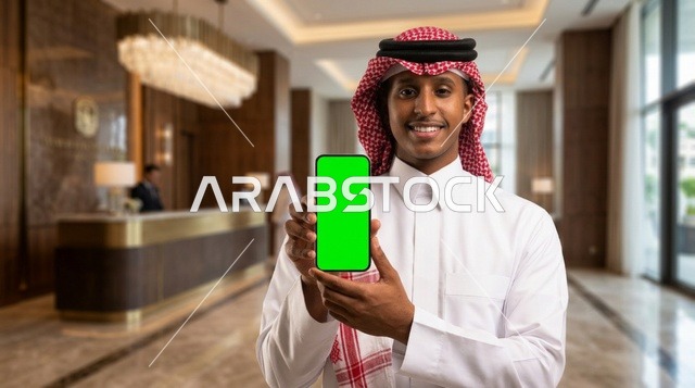رجل سعودي يحمل هاتفاً ذكياً بشاشة خضراء في بهو فندق