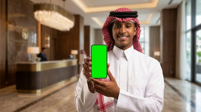 Saudi Man Holding Green Screen Phone in Hotel Lobby