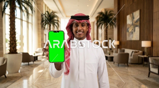 رجل سعودي يحمل هاتف ذكي بشاشة خضراء في ردهة فندق فاخر