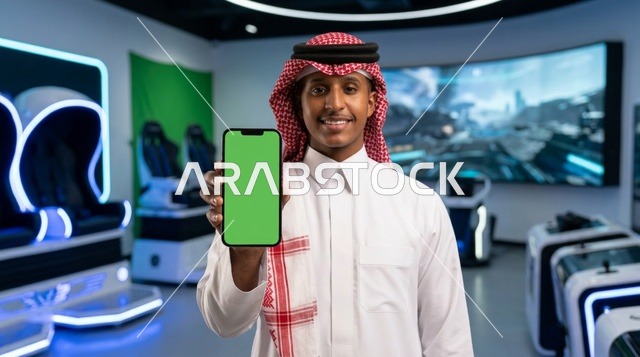 رجل سعودي يمسك هاتف ذكي بشاشة خضراء في مركز ألعاب