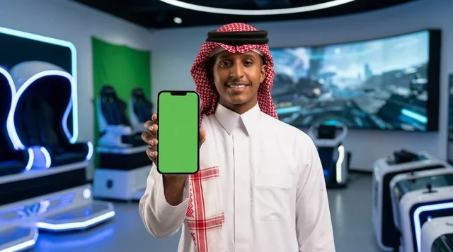 رجل سعودي يمسك هاتف ذكي بشاشة خضراء في مركز ألعاب