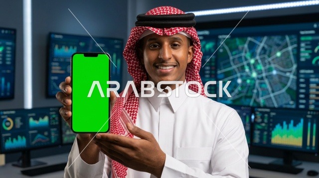 رجل سعودي مبتسم يحمل هاتف بشاشة خضراء في غرفة التحكم