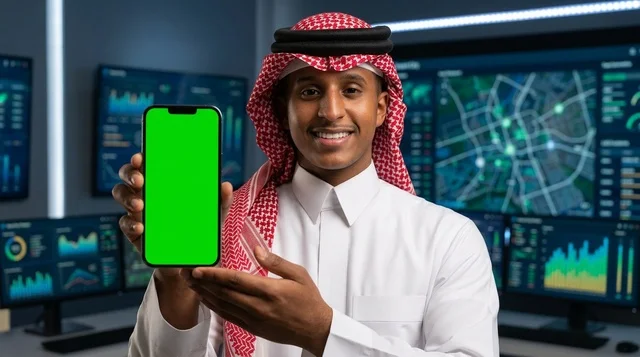 Saudi Man Holding Green Screen Phone in Control Room