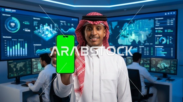رجل سعودي يحمل هاتف بشاشة خضراء في غرفة تحكم
