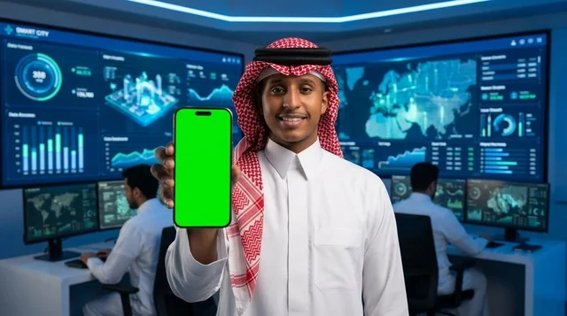 رجل سعودي يحمل هاتف بشاشة خضراء في غرفة تحكم