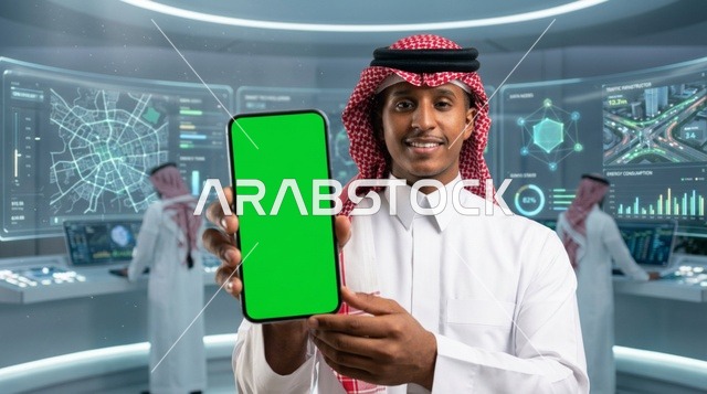 رجل سعودي يحمل هاتف بشاشة خضراء في غرفة تحكم ذكية