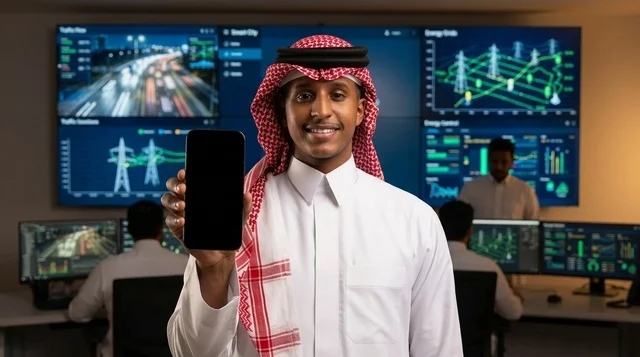 رجل سعودي يمسك هاتف ذكي فارغ في غرفة مراقبة البيانات