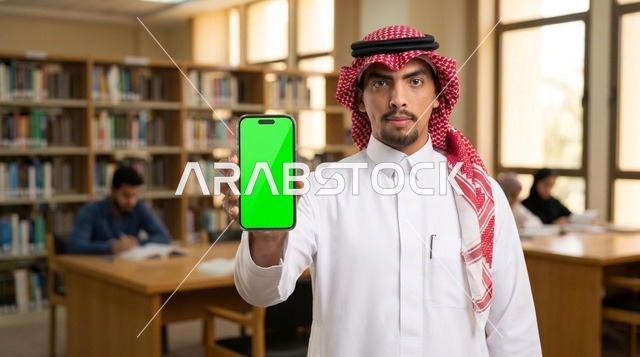 شاب سعودي يمسك هاتف ذكي بشاشة خضراء داخل مكتبة