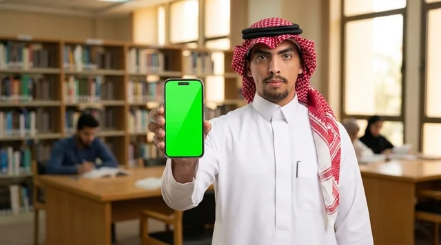 Saudi Man Holding Green Screen Smartphone in Library