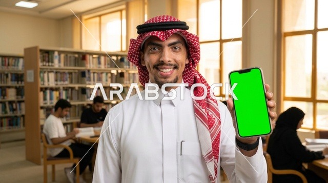 طالب سعودي في المكتبة يحمل هاتف بشاشة خضراء