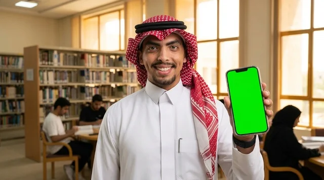 Saudi Student in Library Holding Green Screen Phone