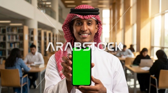 شاب سعودي يرتدي شماغ في مكتبة يعرض شاشة هاتف خضراء