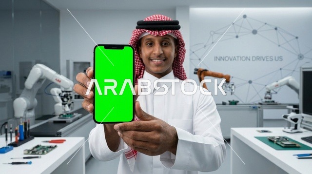 رجل سعودي يحمل هاتف بشاشة خضراء في مختبر روبوتات