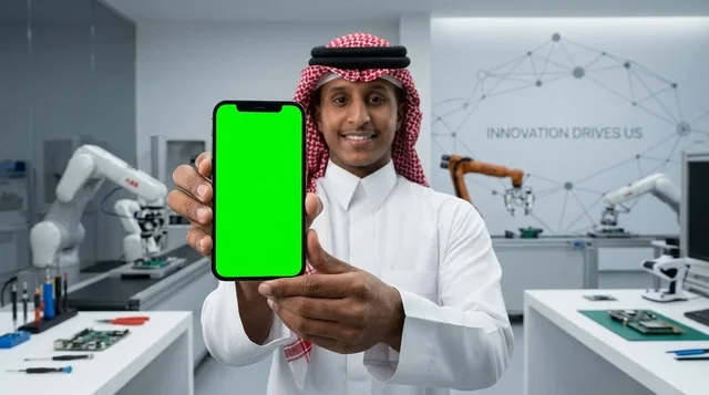 رجل سعودي يحمل هاتف بشاشة خضراء في مختبر روبوتات