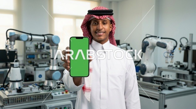 مهندس سعودي يحمل هاتف بشاشة خضراء في مختبر روبوتات