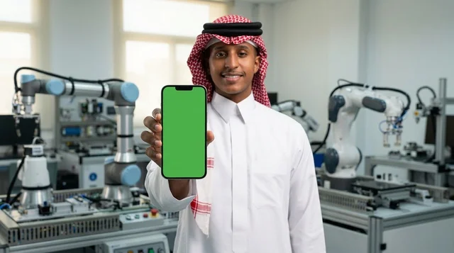 مهندس سعودي يحمل هاتف بشاشة خضراء في مختبر روبوتات