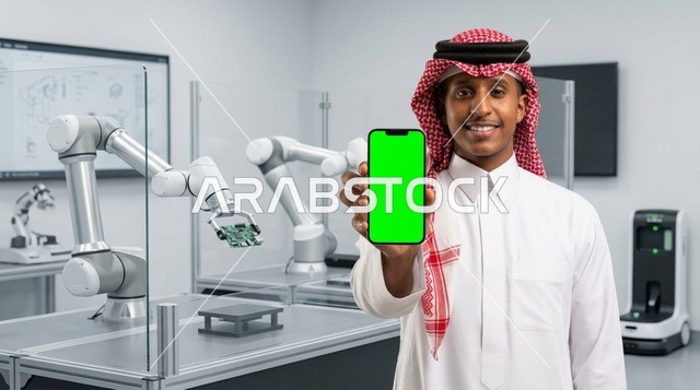 رجل سعودي في مختبر روبوتات يحمل هاتف بشاشة خضراء