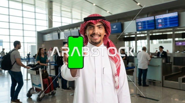 رجل سعودي يحمل هاتف ذكي بشاشة خضراء في صالة المطار