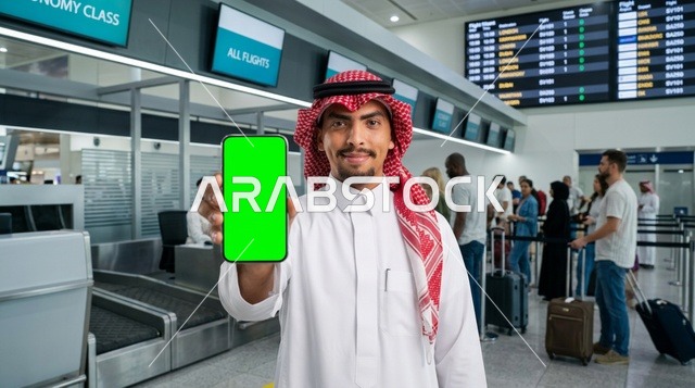 رجل سعودي يحمل هاتف ذكي بشاشة خضراء في صالة المطار