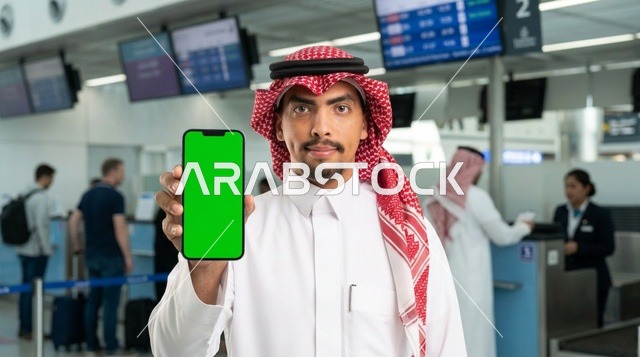 رجل سعودي يحمل هاتف ذكي بشاشة خضراء في صالة المطار