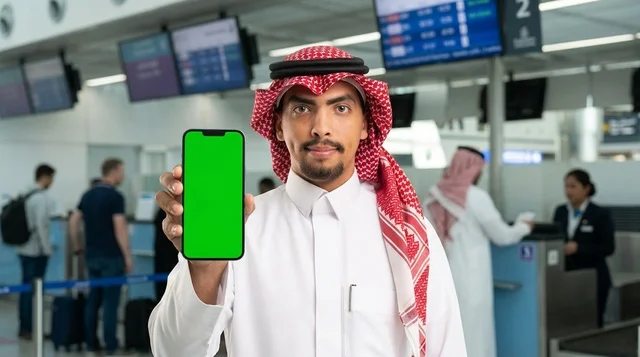 رجل سعودي يحمل هاتف ذكي بشاشة خضراء في صالة المطار