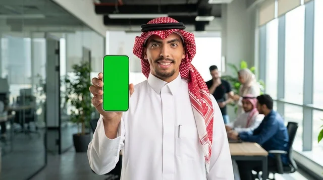 Saudi Businessman Holding Green Screen Phone in Office