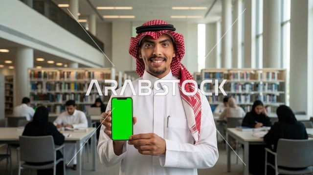 رجل سعودي يحمل هاتف ذكي بشاشة خضراء داخل مكتبة عامة