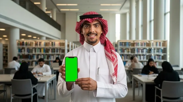 رجل سعودي يحمل هاتف ذكي بشاشة خضراء داخل مكتبة عامة