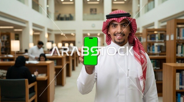 رجل سعودي يحمل هاتف ذكي بشاشة فارغة