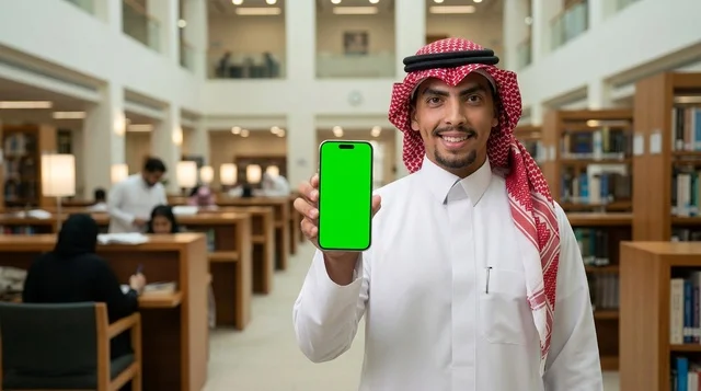 رجل سعودي يحمل هاتف ذكي بشاشة فارغة
