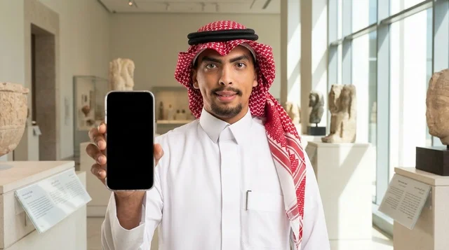 رجل سعودي في متحف يحمل هاتف ذكي بشاشة فارغة