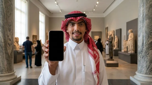 Saudi Man Holding Blank Smartphone in Museum Exhibition