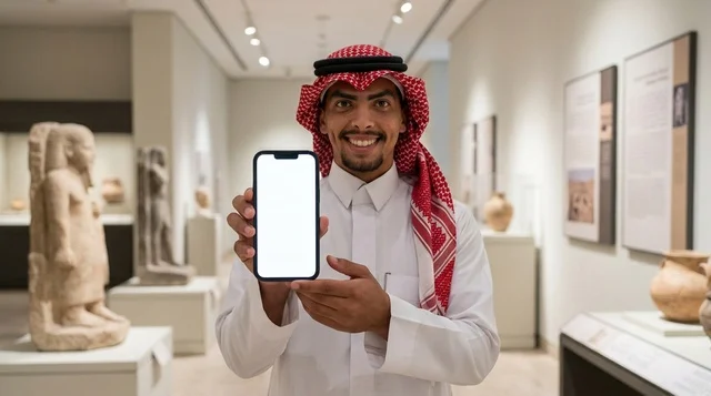 رجل سعودي يمسك هاتفاً ذكياً بشاشة فارغة داخل متحف تاريخي