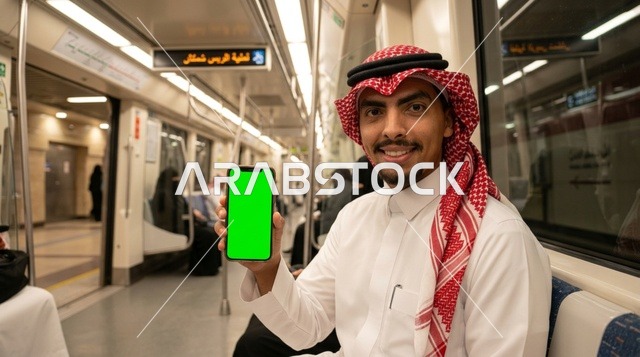 رجل سعودي يحمل هاتف ذكي بشاشة فارغة